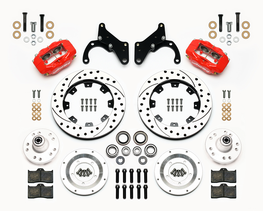 Wilwood Forged Dynalite Big Brake Front Brake Kit (Hub) Parts Laid Out - Red Powder Coat Caliper - SRP Drilled & Slotted Rotor