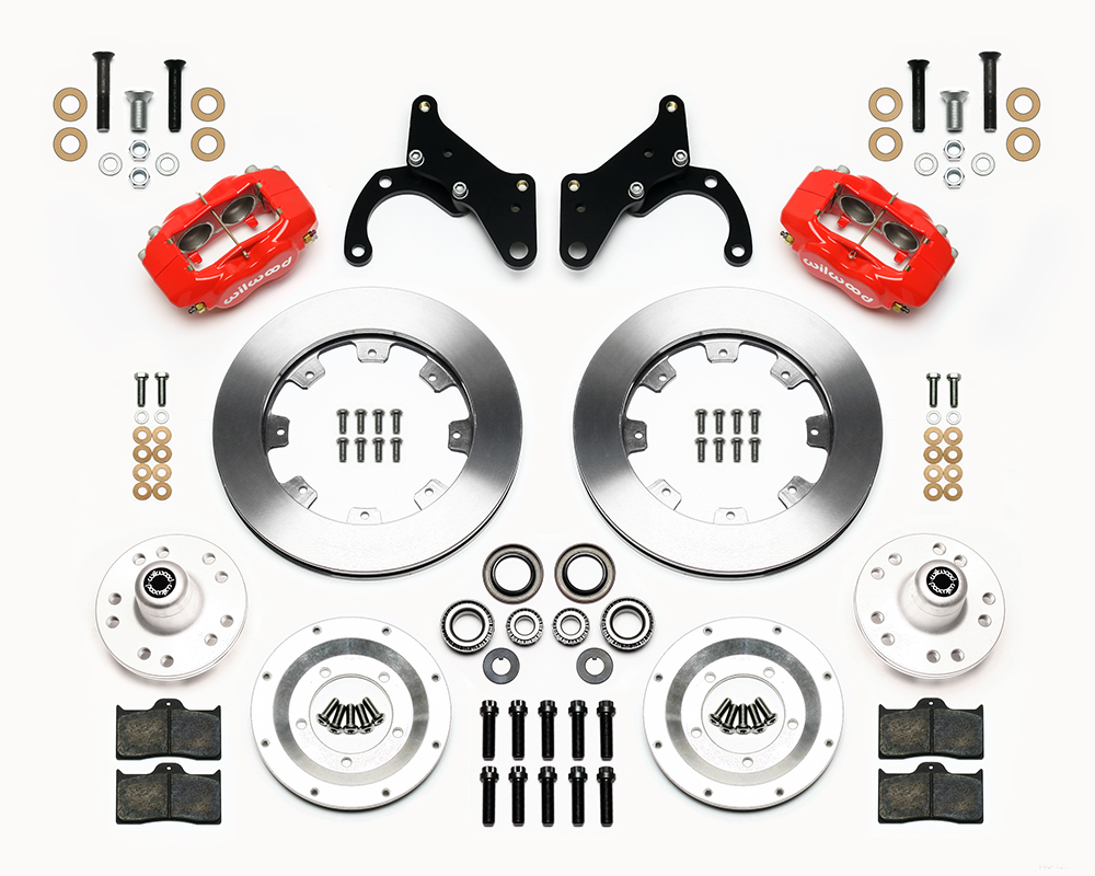 Wilwood Forged Dynalite Big Brake Front Brake Kit (Hub) Parts Laid Out - Red Powder Coat Caliper - Plain Face Rotor