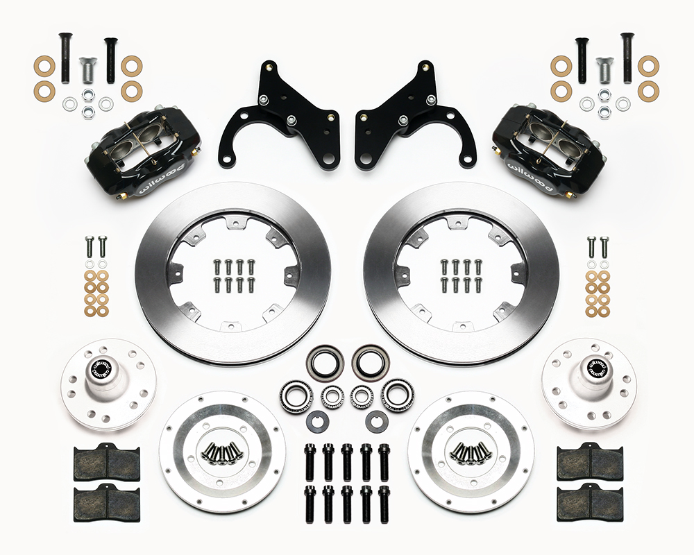 Wilwood Forged Dynalite Big Brake Front Brake Kit (Hub) Parts Laid Out - Black Powder Coat Caliper - Plain Face Rotor