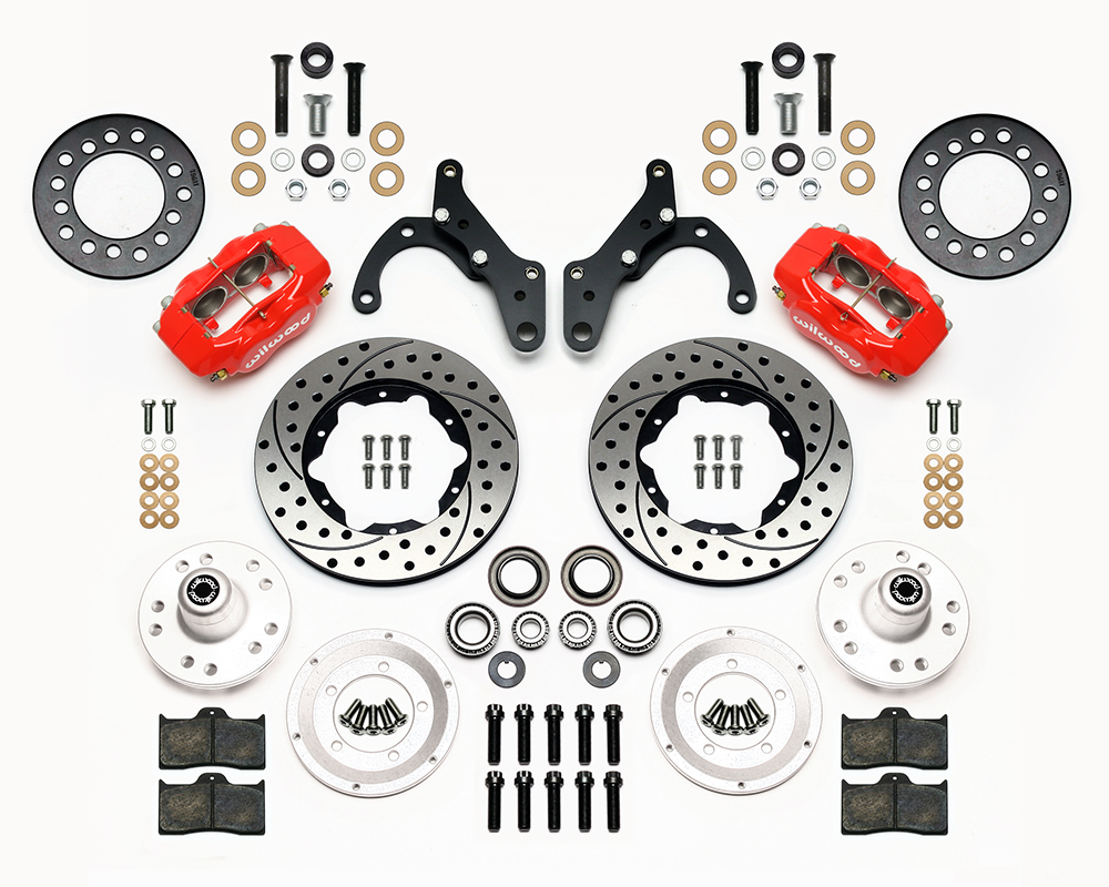 Wilwood Forged Dynalite Pro Series Front Brake Kit Parts Laid Out - Red Powder Coat Caliper - SRP Drilled & Slotted Rotor