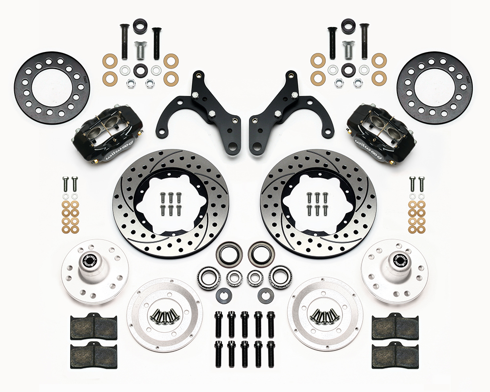 Wilwood Forged Dynalite Pro Series Front Brake Kit Parts Laid Out - Black Powder Coat Caliper - SRP Drilled & Slotted Rotor