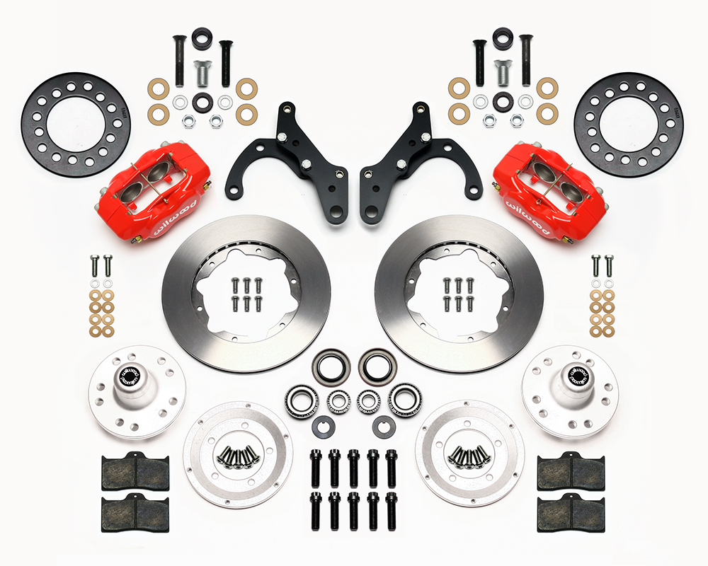 Wilwood Forged Dynalite Pro Series Front Brake Kit Parts Laid Out - Red Powder Coat Caliper - Plain Face Rotor