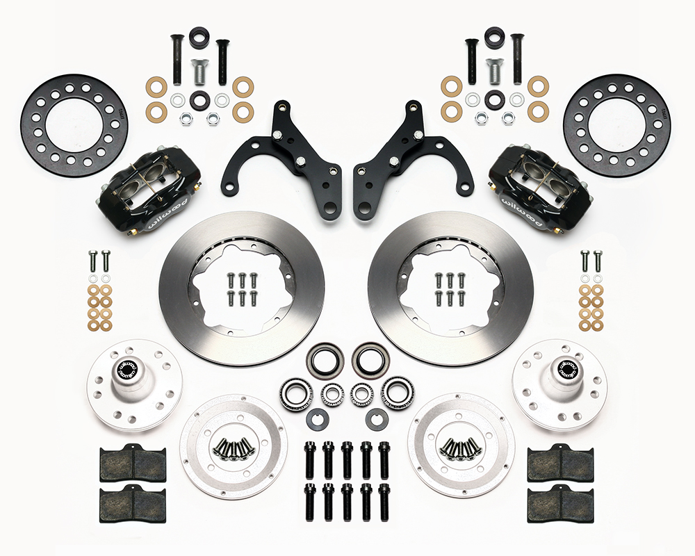 Wilwood Forged Dynalite Pro Series Front Brake Kit Parts Laid Out - Black Powder Coat Caliper - Plain Face Rotor