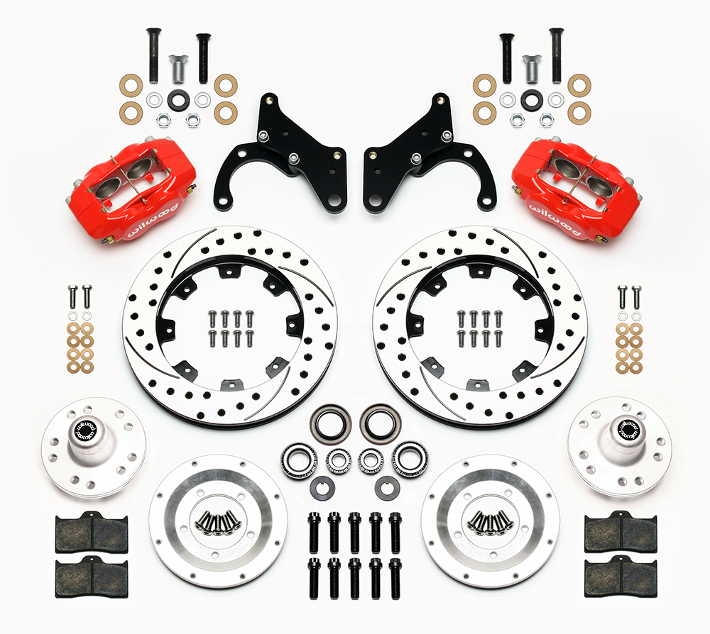 Wilwood Forged Dynalite Big Brake Front Brake Kit (Hub) Parts Laid Out - Red Powder Coat Caliper - SRP Drilled & Slotted Rotor