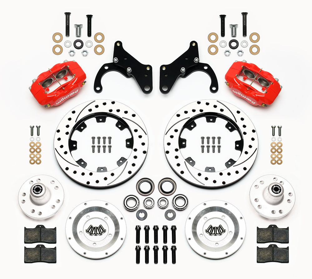 Wilwood Forged Dynalite Big Brake Front Brake Kit (Hub) Parts Laid Out - Red Powder Coat Caliper - SRP Drilled & Slotted Rotor