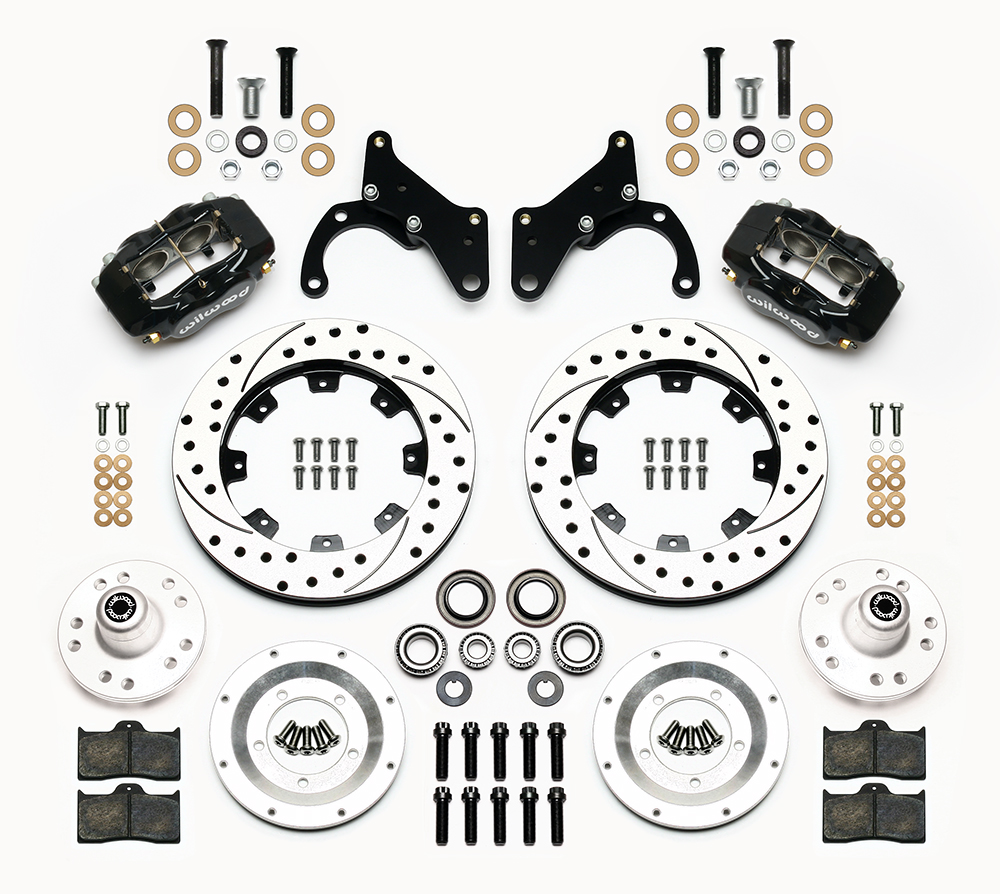 Wilwood Forged Dynalite Big Brake Front Brake Kit (Hub) Parts Laid Out - Black Powder Coat Caliper - SRP Drilled & Slotted Rotor