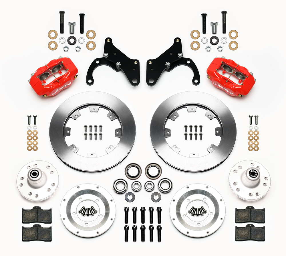 Wilwood Forged Dynalite Big Brake Front Brake Kit (Hub) Parts Laid Out - Red Powder Coat Caliper - Plain Face Rotor