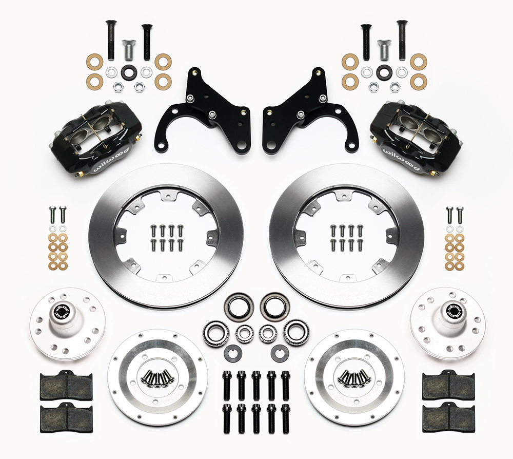 Wilwood Forged Dynalite Big Brake Front Brake Kit (Hub) Parts Laid Out - Black Powder Coat Caliper - Plain Face Rotor