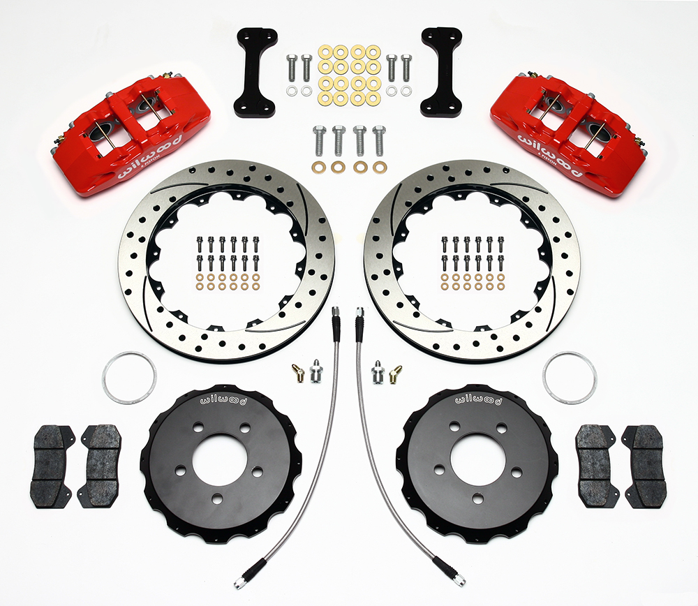 Wilwood Forged Dynapro 6 Big Brake Front Brake Kit (Hat) Parts Laid Out - Red Powder Coat Caliper - SRP Drilled & Slotted Rotor