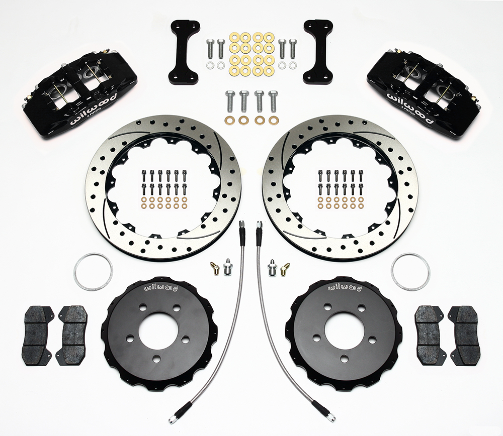 Wilwood Forged Dynapro 6 Big Brake Front Brake Kit (Hat) Parts Laid Out - Black Powder Coat Caliper - SRP Drilled & Slotted Rotor