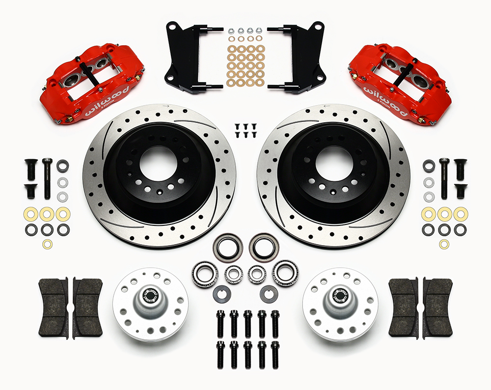 Wilwood Forged Narrow Superlite 6R Big Brake Front Brake Kit (Hub and 1PC Rotor) Parts Laid Out - Red Powder Coat Caliper - SRP Drilled & Slotted Rotor