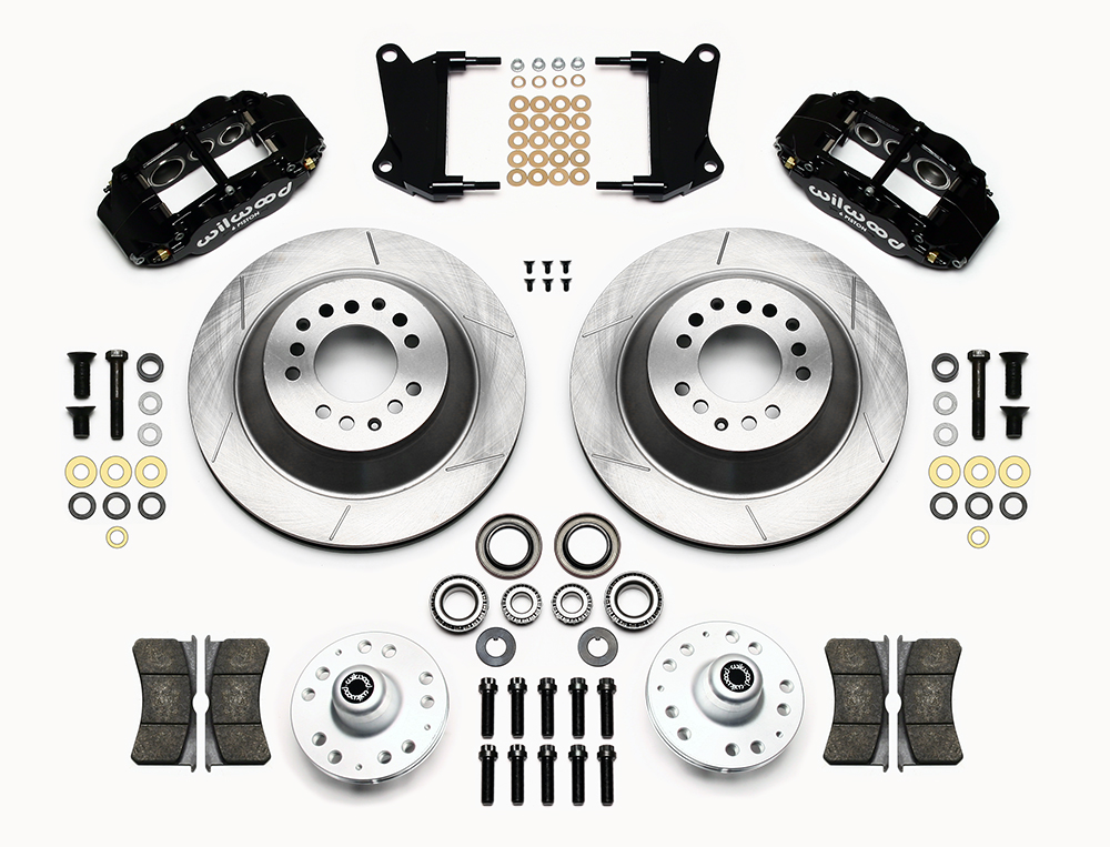 Wilwood Forged Narrow Superlite 6R Big Brake Front Brake Kit (Hub and 1PC Rotor) Parts Laid Out - Black Powder Coat Caliper - GT Slotted Rotor