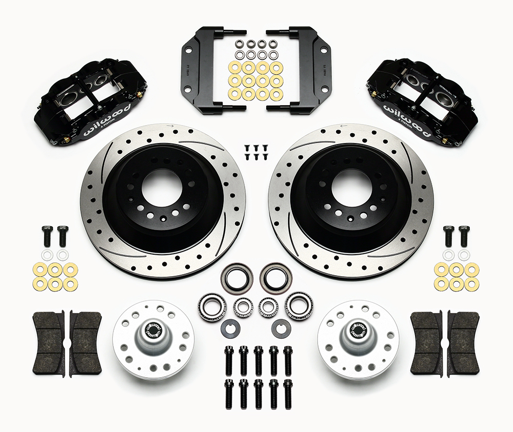 Wilwood Forged Narrow Superlite 6R Big Brake Front Brake Kit (Hub and 1PC Rotor) Parts Laid Out - Black Powder Coat Caliper - SRP Drilled & Slotted Rotor