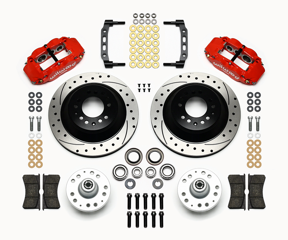 Wilwood Forged Narrow Superlite 6R Big Brake Front Brake Kit (Hub and 1PC Rotor) Parts Laid Out - Red Powder Coat Caliper - SRP Drilled & Slotted Rotor