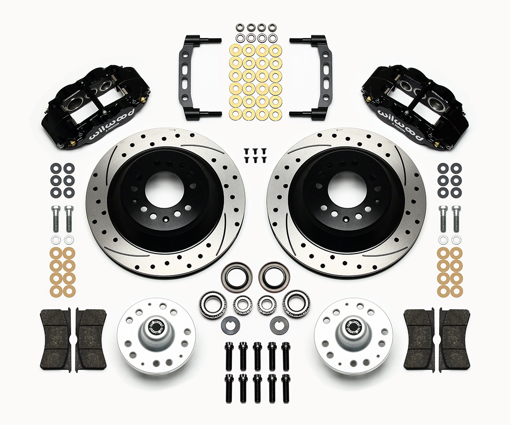 Wilwood Forged Narrow Superlite 6R Big Brake Front Brake Kit (Hub and 1PC Rotor) Parts Laid Out - Black Powder Coat Caliper - SRP Drilled & Slotted Rotor