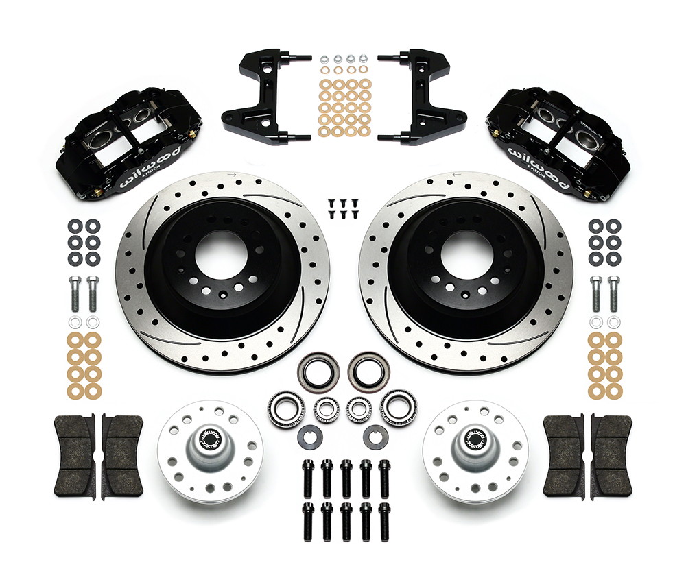 Wilwood Forged Narrow Superlite 6R Big Brake Front Brake Kit (Hub and 1PC Rotor) Parts Laid Out - Black Powder Coat Caliper - SRP Drilled & Slotted Rotor