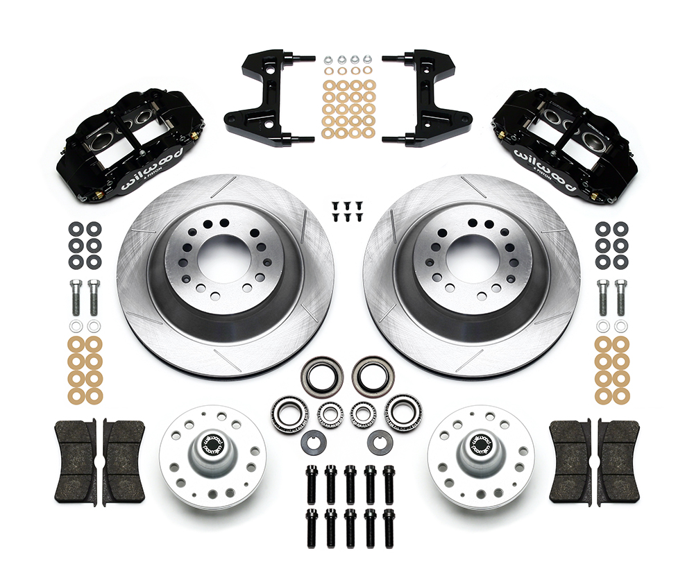 Wilwood Forged Narrow Superlite 6R Big Brake Front Brake Kit (Hub and 1PC Rotor) Parts Laid Out - Black Powder Coat Caliper - GT Slotted Rotor