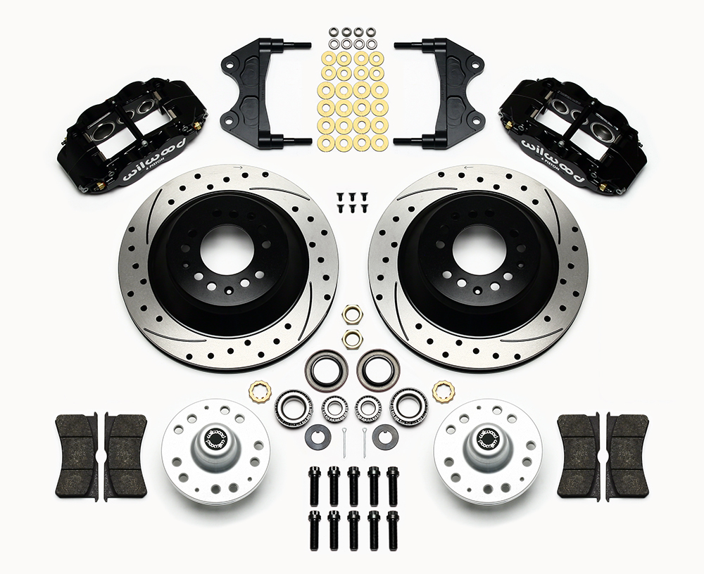 Wilwood Forged Narrow Superlite 6R Big Brake Front Brake Kit (Hub and 1PC Rotor) Parts Laid Out - Black Powder Coat Caliper - SRP Drilled & Slotted Rotor