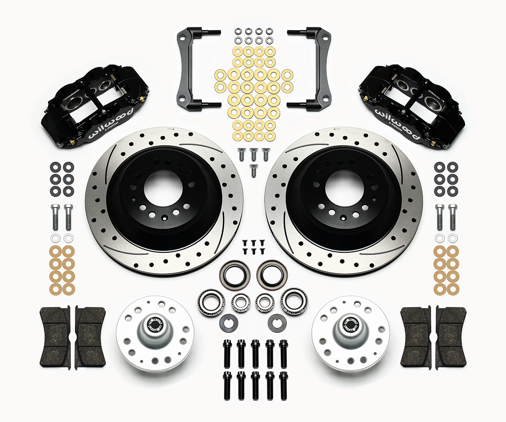 Wilwood Forged Narrow Superlite 6R Big Brake Front Brake Kit (Hub and 1PC Rotor) Parts Laid Out - Black Powder Coat Caliper - SRP Drilled & Slotted Rotor