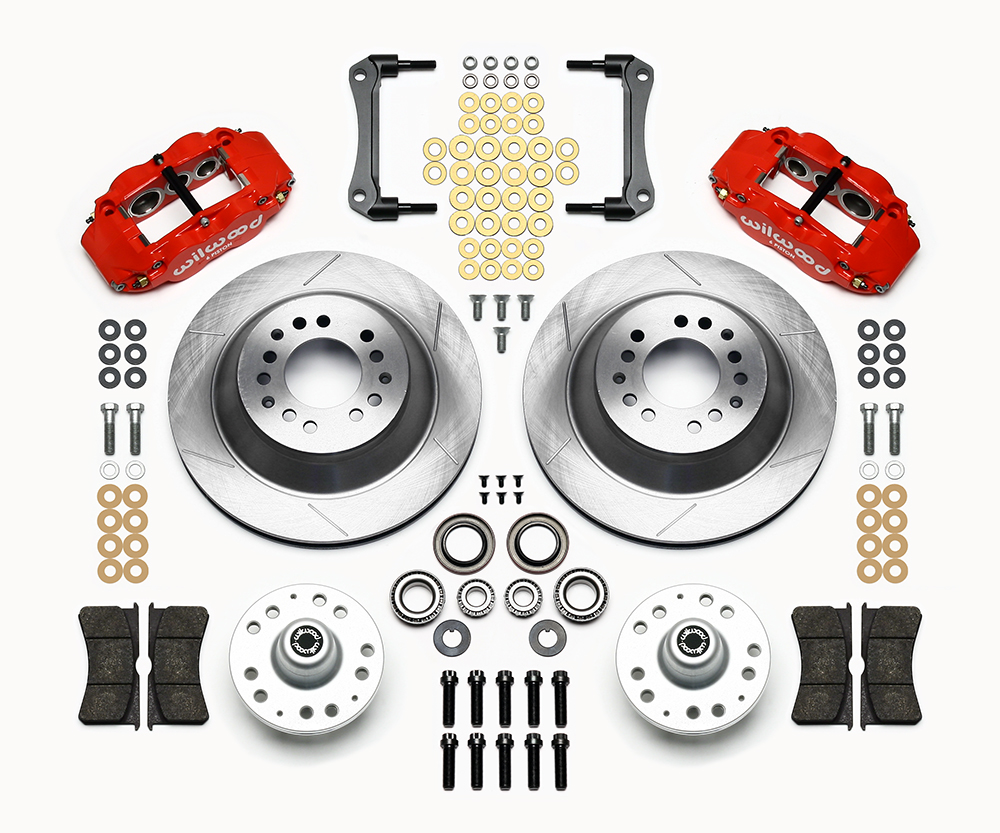 Wilwood Forged Narrow Superlite 6R Big Brake Front Brake Kit (Hub and 1PC Rotor) Parts Laid Out - Red Powder Coat Caliper - GT Slotted Rotor