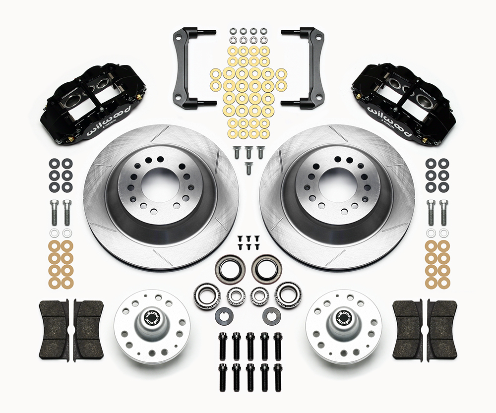 Wilwood Forged Narrow Superlite 6R Big Brake Front Brake Kit (Hub and 1PC Rotor) Parts Laid Out - Black Powder Coat Caliper - GT Slotted Rotor