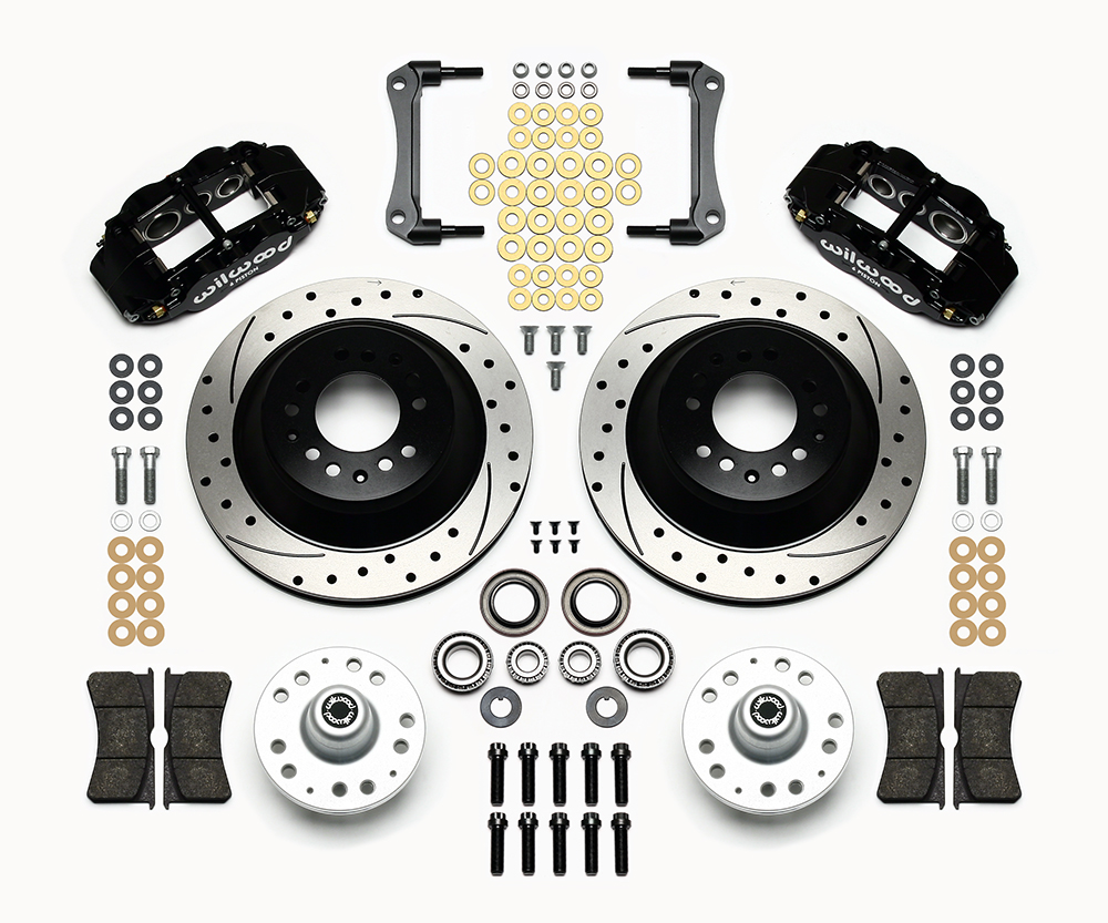 Wilwood Forged Narrow Superlite 6R Big Brake Front Brake Kit (Hub and 1PC Rotor) Parts Laid Out - Black Powder Coat Caliper - SRP Drilled & Slotted Rotor