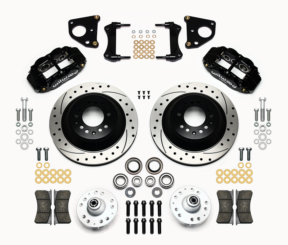 Wilwood Forged Narrow Superlite 6R Big Brake Front Brake Kit (Hub and 1PC Rotor) Parts Laid Out - Black Powder Coat Caliper - SRP Drilled & Slotted Rotor