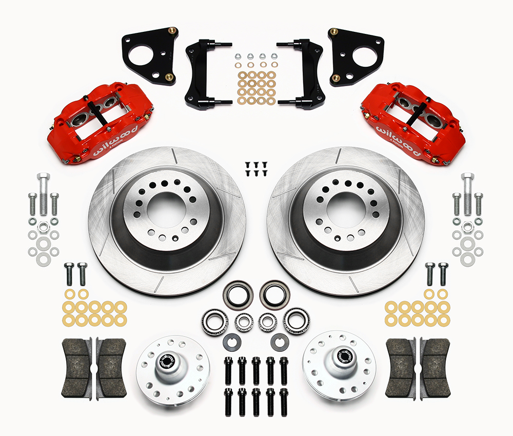 Wilwood Forged Narrow Superlite 6R Big Brake Front Brake Kit (Hub and 1PC Rotor) Parts Laid Out - Red Powder Coat Caliper - GT Slotted Rotor