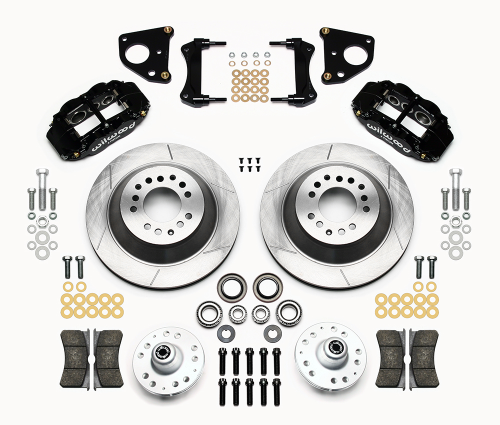 Wilwood Forged Narrow Superlite 6R Big Brake Front Brake Kit (Hub and 1PC Rotor) Parts Laid Out - Black Powder Coat Caliper - GT Slotted Rotor