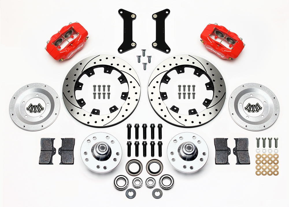 Wilwood Forged Dynalite Big Brake Front Brake Kit (Hub) Parts Laid Out - Red Powder Coat Caliper - SRP Drilled & Slotted Rotor