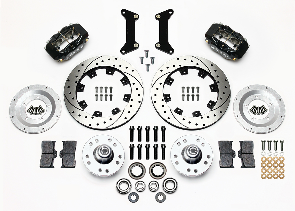 Wilwood Forged Dynalite Big Brake Front Brake Kit (Hub) Parts Laid Out - Black Powder Coat Caliper - SRP Drilled & Slotted Rotor