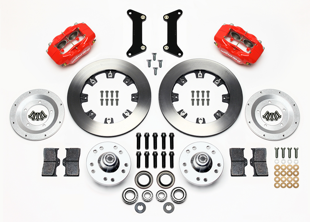 Wilwood Forged Dynalite Big Brake Front Brake Kit (Hub) Parts Laid Out - Red Powder Coat Caliper - Plain Face Rotor