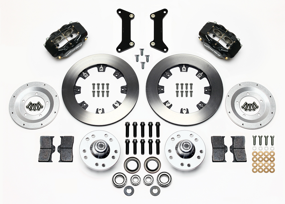 Wilwood Forged Dynalite Big Brake Front Brake Kit (Hub) Parts Laid Out - Black Powder Coat Caliper - Plain Face Rotor