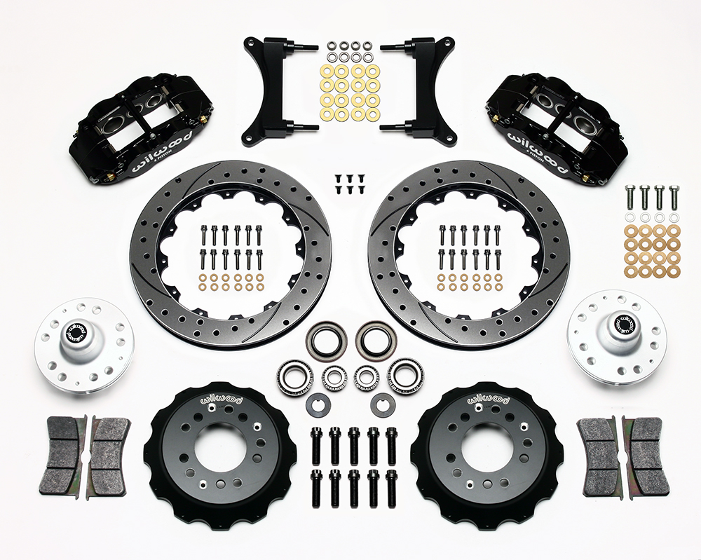 Wilwood Forged Narrow Superlite 6R Big Brake Front Brake Kit (Hub) Parts Laid Out - Black Powder Coat Caliper - SRP Drilled & Slotted Rotor