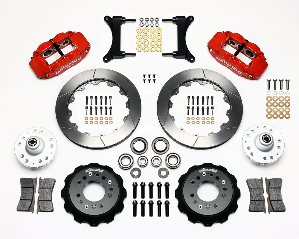 Wilwood Forged Narrow Superlite 6R Big Brake Front Brake Kit (Hub) Parts Laid Out - Red Powder Coat Caliper - GT Slotted Rotor