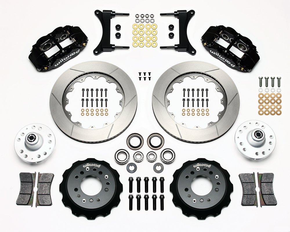 Wilwood Forged Narrow Superlite 6R Big Brake Front Brake Kit (Hub) Parts Laid Out - Black Powder Coat Caliper - GT Slotted Rotor