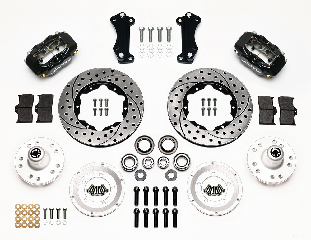 Wilwood Forged Dynalite Pro Series Front Brake Kit Parts Laid Out - Black Powder Coat Caliper - SRP Drilled & Slotted Rotor