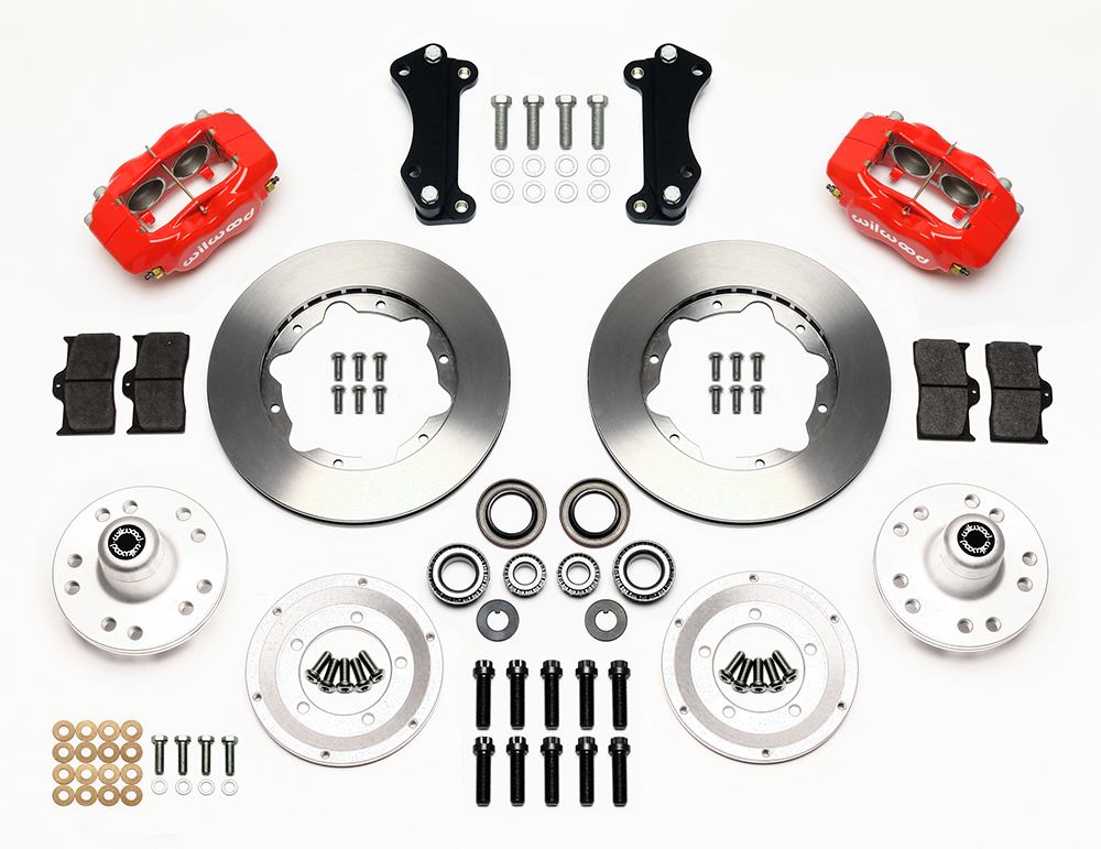 Wilwood Forged Dynalite Pro Series Front Brake Kit Parts Laid Out - Red Powder Coat Caliper - Plain Face Rotor