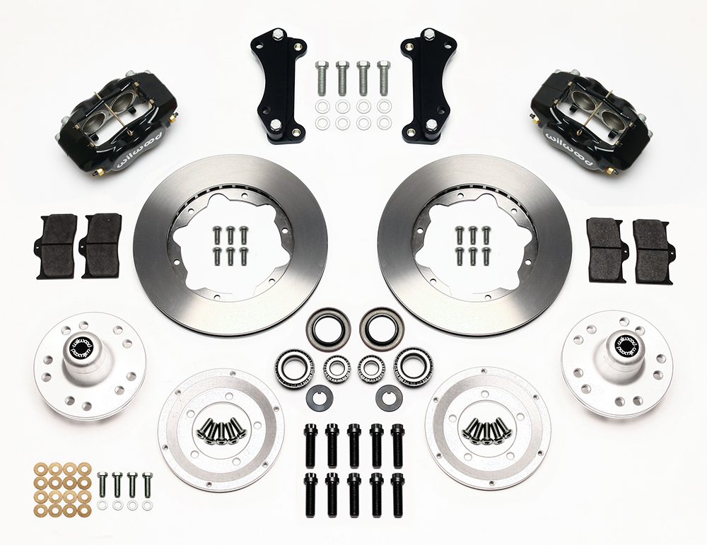 Wilwood Forged Dynalite Pro Series Front Brake Kit Parts Laid Out - Black Powder Coat Caliper - Plain Face Rotor