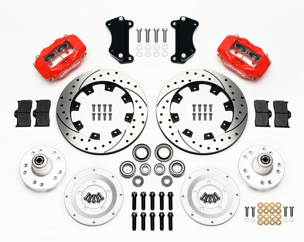 Wilwood Forged Dynalite Big Brake Front Brake Kit (Hub) Parts Laid Out - Red Powder Coat Caliper - SRP Drilled & Slotted Rotor