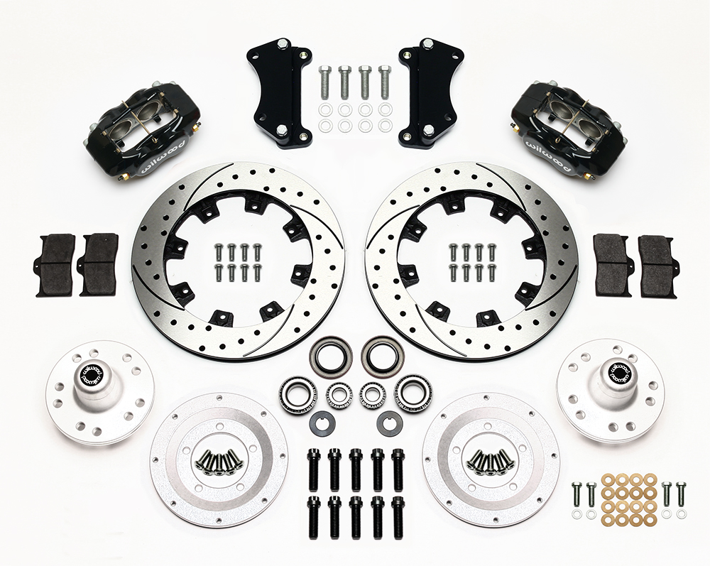 Wilwood Forged Dynalite Big Brake Front Brake Kit (Hub) Parts Laid Out - Black Powder Coat Caliper - SRP Drilled & Slotted Rotor