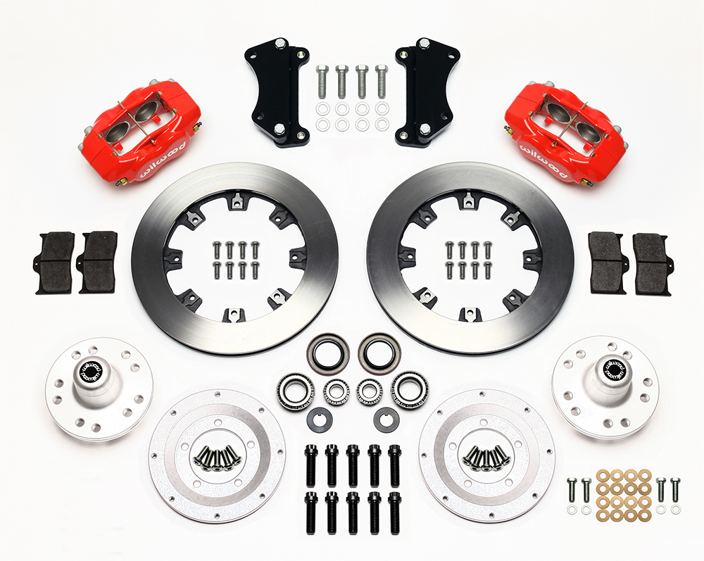 Wilwood Forged Dynalite Big Brake Front Brake Kit (Hub) Parts Laid Out - Red Powder Coat Caliper - Plain Face Rotor