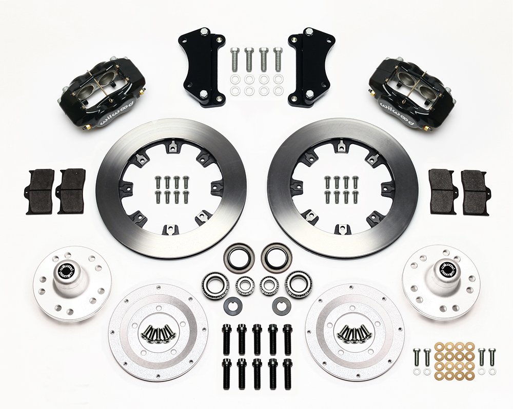 Wilwood Forged Dynalite Big Brake Front Brake Kit (Hub) Parts Laid Out - Black Powder Coat Caliper - Plain Face Rotor