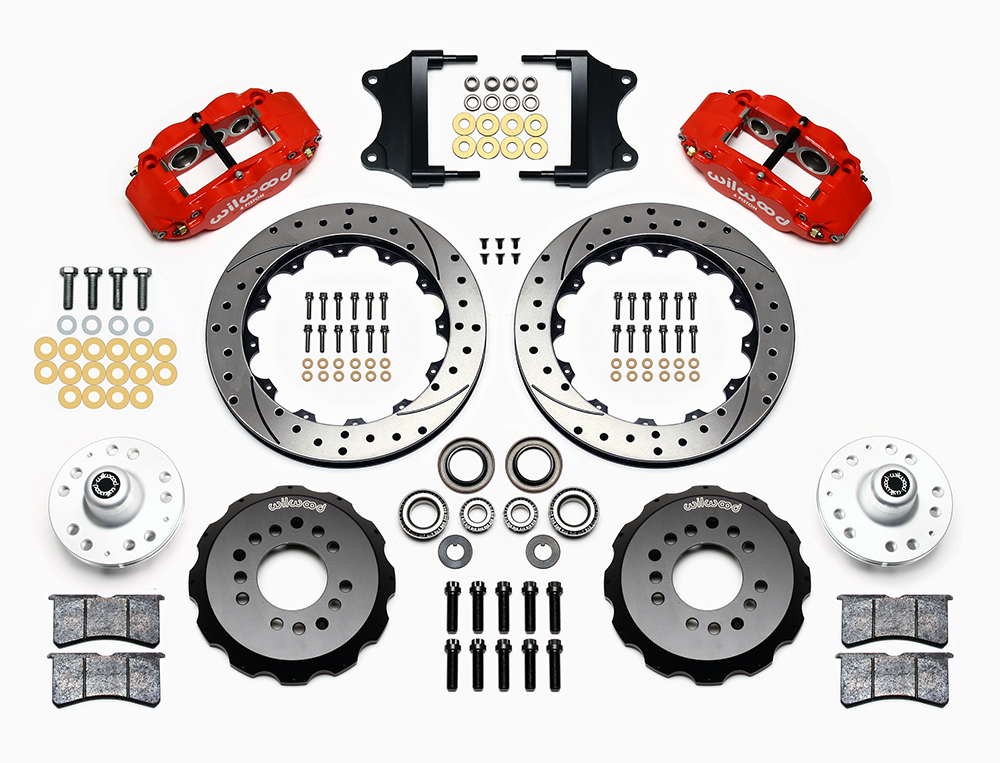 Wilwood Forged Narrow Superlite 6R Big Brake Front Brake Kit (Hub) Parts Laid Out - Red Powder Coat Caliper - SRP Drilled & Slotted Rotor