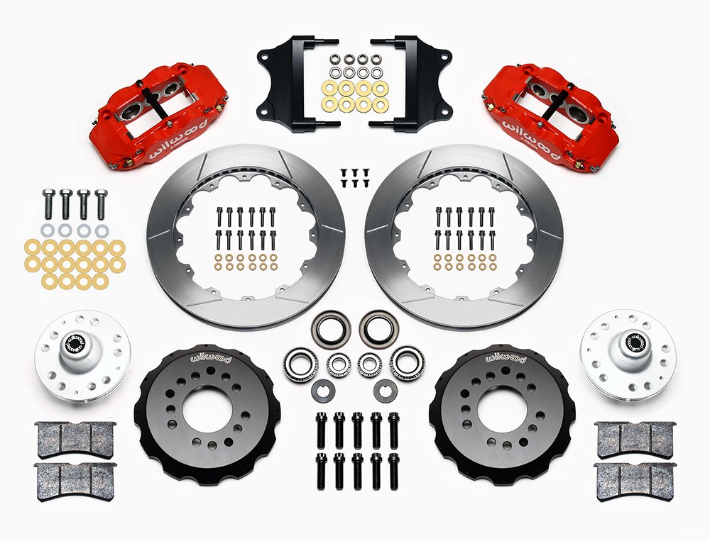 Wilwood Forged Narrow Superlite 6R Big Brake Front Brake Kit (Hub) Parts Laid Out - Red Powder Coat Caliper - GT Slotted Rotor