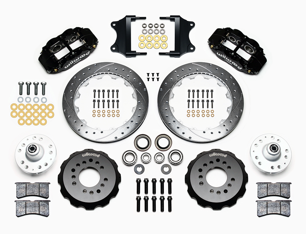 Wilwood Forged Narrow Superlite 6R Big Brake Front Brake Kit (Hub) Parts Laid Out - Black Powder Coat Caliper - SRP Drilled & Slotted Rotor