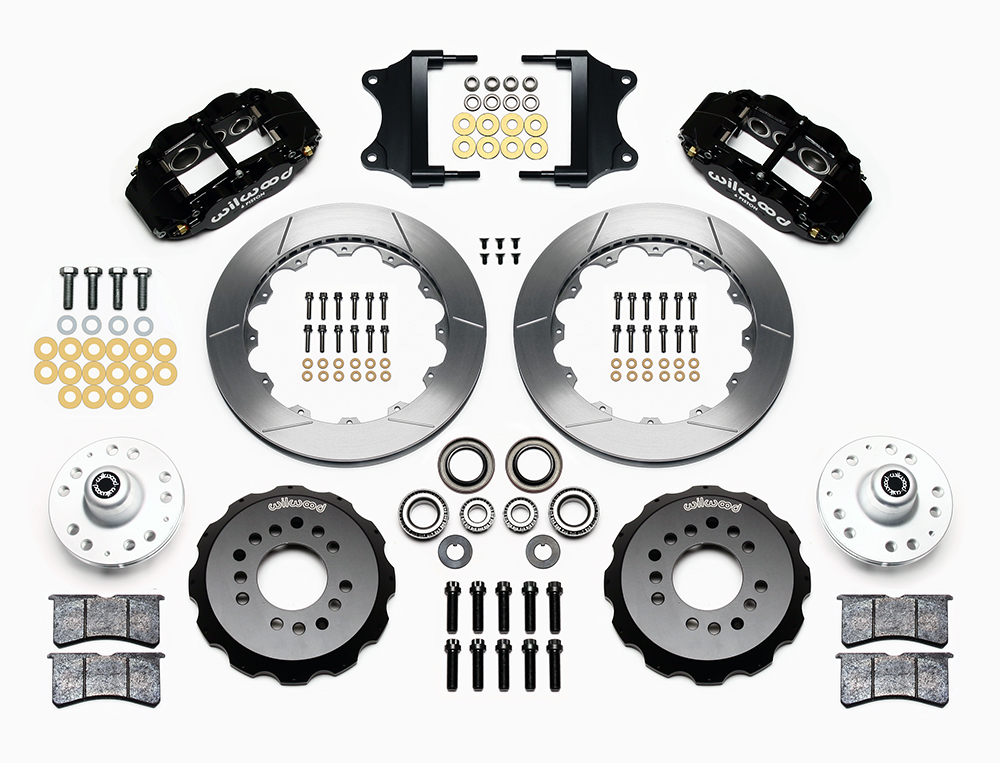 Wilwood Forged Narrow Superlite 6R Big Brake Front Brake Kit (Hub) Parts Laid Out - Black Powder Coat Caliper - GT Slotted Rotor