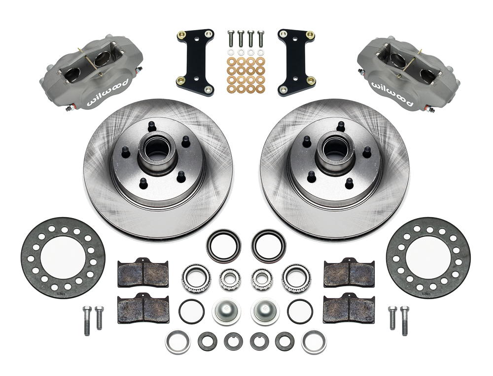 Wilwood Classic Series Dynalite Front Brake Kit Parts Laid Out - Type III Anodize Caliper - Plain Face Rotor