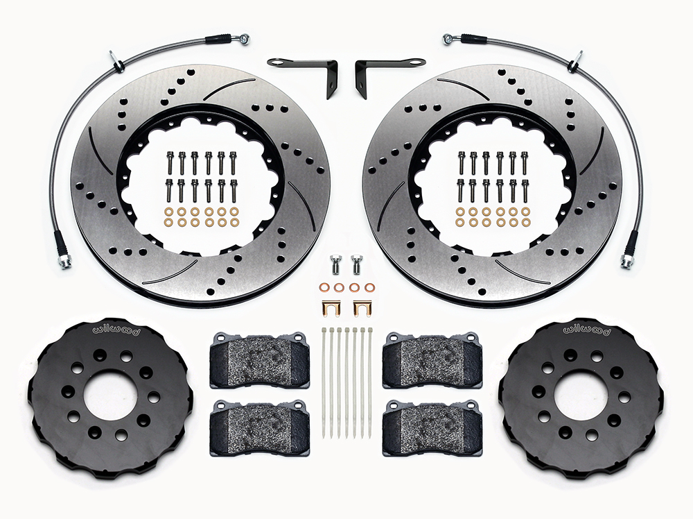 Wilwood Promatrix Front Replacement Rotor Kit Parts Laid Out - SRP Drilled & Slotted Rotor