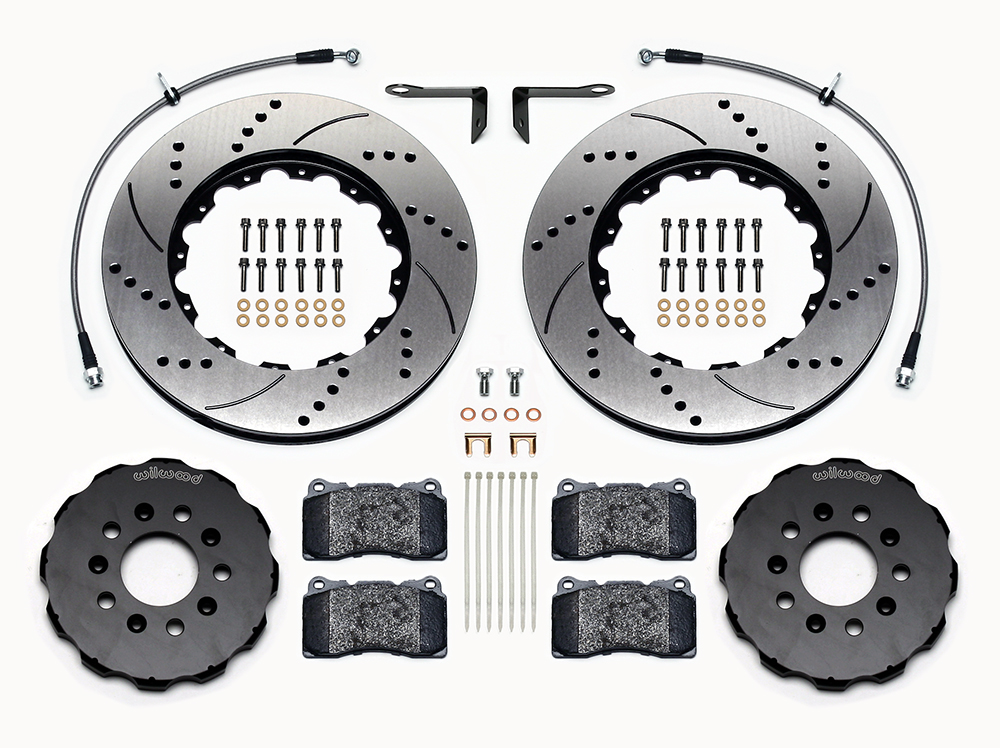 Wilwood Promatrix Front Replacement Rotor Kit Parts Laid Out - SRP Drilled & Slotted Rotor